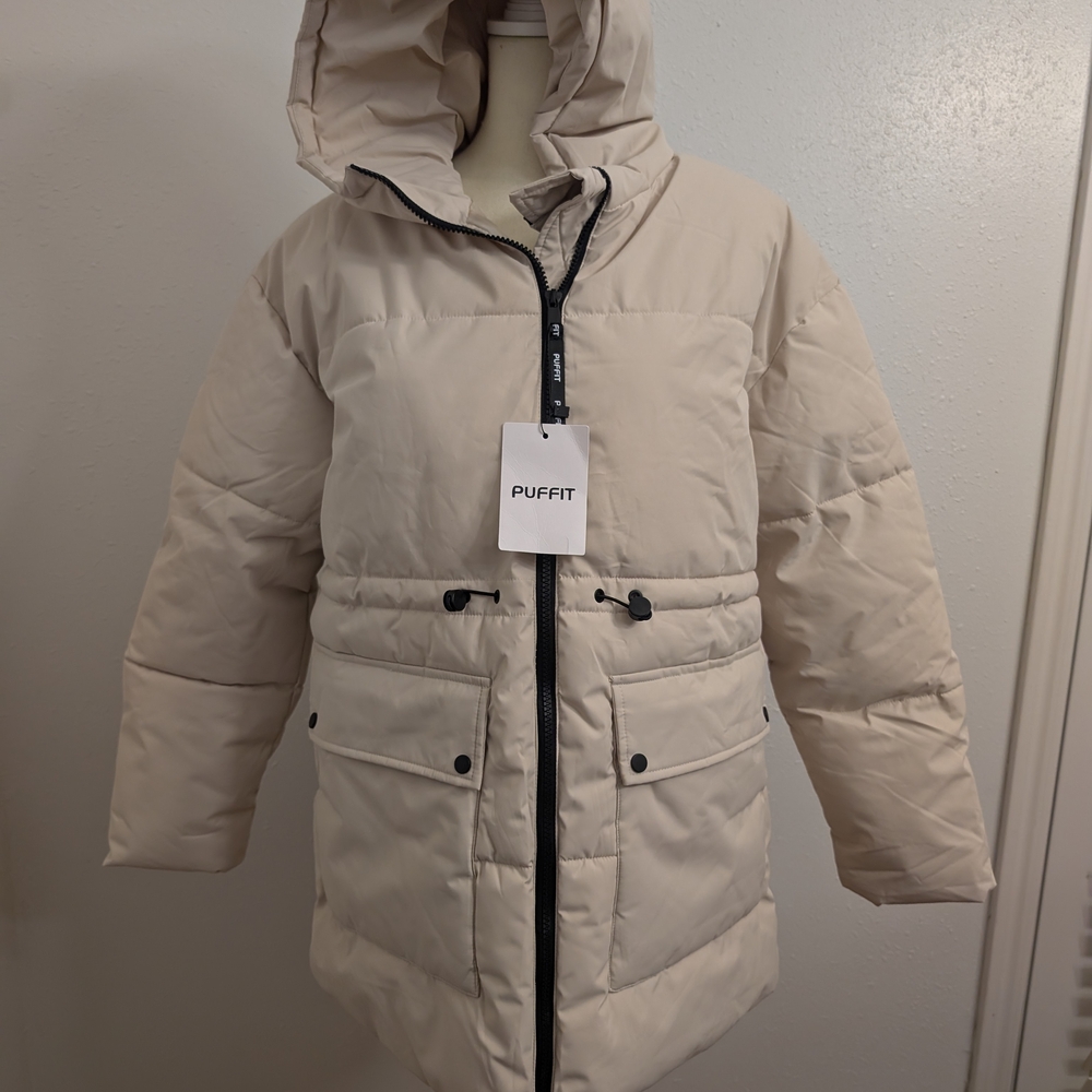 PUFFIT Women's Winter Puffer Jackets, Hooded, Stand Collar, Waist Drawstring XS